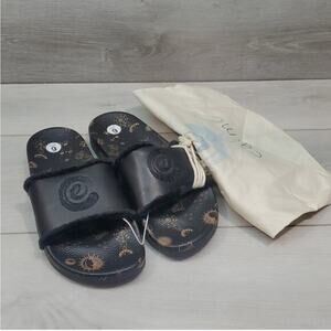 Johnny Was Calme Slide Sandals Astrology Black Size 9 Faux Fur Lined Strap